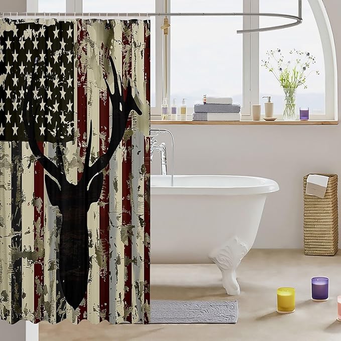 Feelyou Deer Bath Curtain Cute Deer Shower Curtain American Flag Bathroom Shower Curtain Set for Kids Boys Girls Deer Hunting Kids Bathroom Accessories 72"x72"