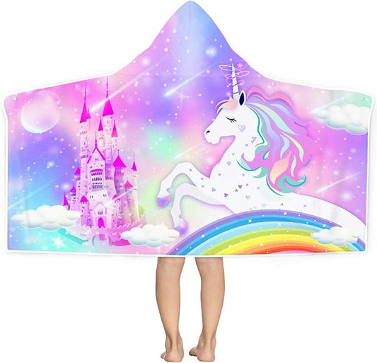 Unicorn Hooded Beach Towel for Kids, Cute Rainbow Bath Towel with Hood for Girls, Pink Magic Castle Microfiber Super Absorbent Soft Poncho Bathrobe for Swin Pool 30”x50”