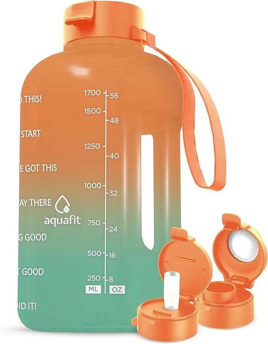 64 oz Water Bottle with Time Marker - BPA Free Half Gallon Water Bottle with Straw - Gym Water Bottle with Handle, Gallon Water Jug, Big Water Bottle, Large Water Bottle (Tropical Sea, 2 Lids)