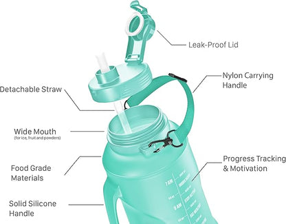 Collapsible Water Bottle for Traveling, Workout or Hiking 64oz Gen 2.0 - Motivational Water Bottle with Time Markings - Half Gallon / 2 L Capacity - BPA Free & Dishwasher Safe (Fresh Teal + Filter)