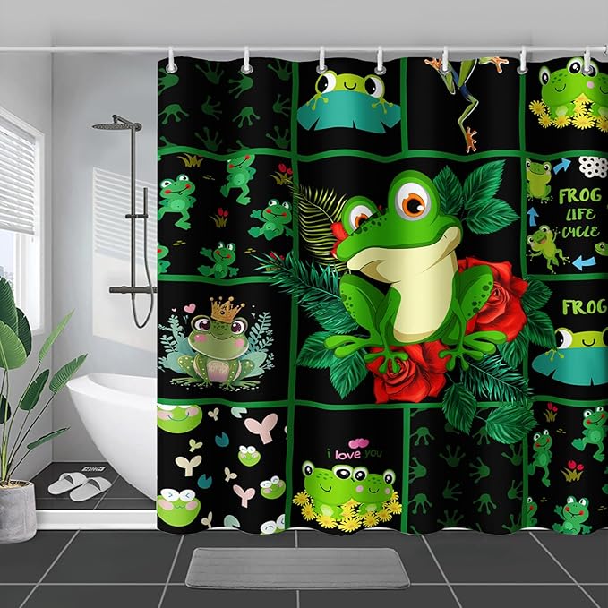 AILONEN Cartoon Frog Shower Curtain 72" W*84" H,Funny Frog Cartoon Green Animal Shower Curtain,Frog Lover Curtain Bathroom Decor Shower Curtain with 12 Hooks