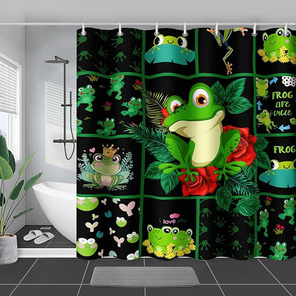 AILONEN Cartoon Frog Shower Curtain 72" W*84" H,Funny Frog Cartoon Green Animal Shower Curtain,Frog Lover Curtain Bathroom Decor Shower Curtain with 12 Hooks