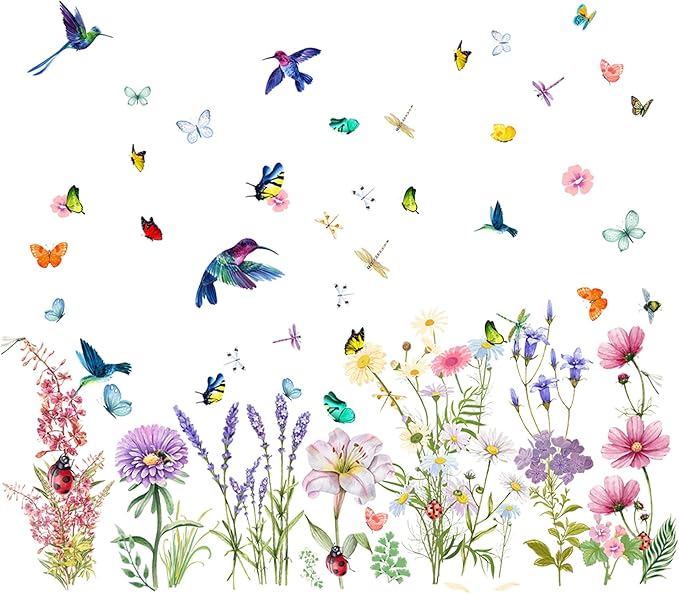 Garden Flower Wall Decals Window Clings, Narcissus Iris Florals Window Decals Peel and Stick, Green Leaves Wall Vinyl Decal, Butterfly Bouquet Wall Art Decor for Girls Bedroom Window Doors