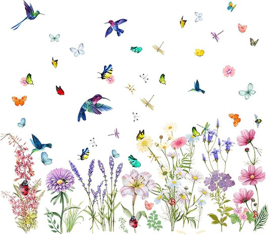 Garden Flower Wall Decals Window Clings, Narcissus Iris Florals Window Decals Peel and Stick, Green Leaves Wall Vinyl Decal, Butterfly Bouquet Wall Art Decor for Girls Bedroom Window Doors
