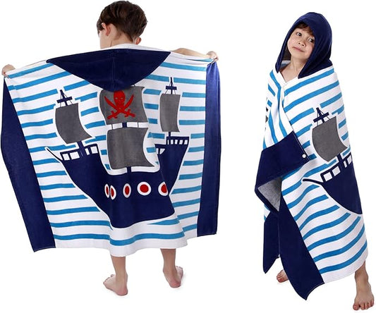 Kids Hooded Beach Bath Towel, Baby Surf Poncho Toddlers Soft Real Cotton Wrap Hooded Towels for Kids Boy Girl