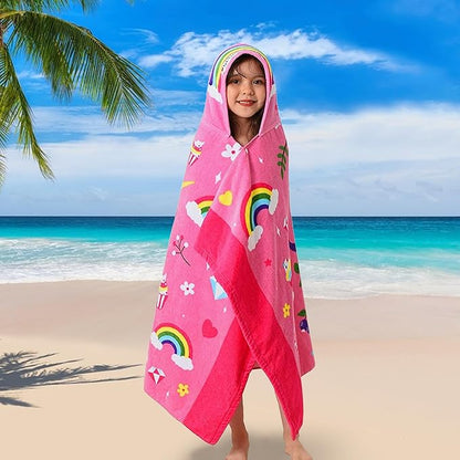 VOOVA & MOVAS Hooded Towels for Kids 3-10 Years, Soft Thick Cotton | Absorbent Beach, Bath, Pool Swim Towels | Cover up for Girls | Pink Floral Unicorn