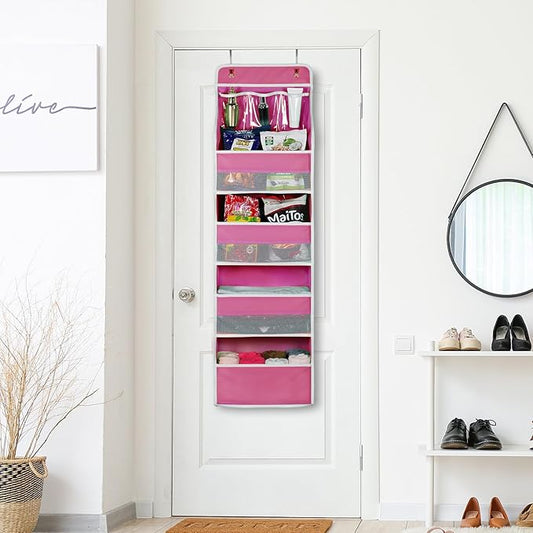 Univivi Door Hanging Organizer Nursery Over the Door Organizer Baby Storage with 4 Large Pockets and 3 Small PVC Pockets for Cosmetics, Toys and Sundries (Pink)