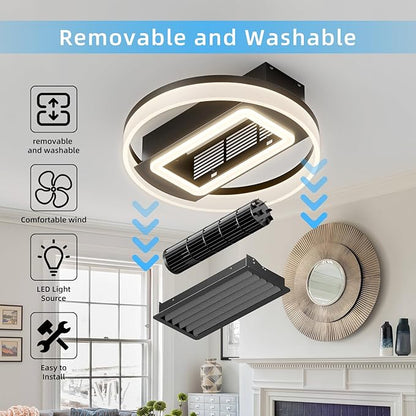 NicBex Ceiling Fan 20 Inch Modern Ceiling Fans with Lights Bladeless Ceiling Fan with Remote Control Round Ceiling Fans with Reversible Motor for Bedroom, Living Room, Black