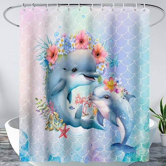 AILONEN Cute Dolphin Shower Curtain,Color Mermaid Scale Print Shower Curtain with 12 Plastic Hooks,Kawaii Ocean Dolphin Print Bath Curtain Decorative Waterproof 72" W*78" H