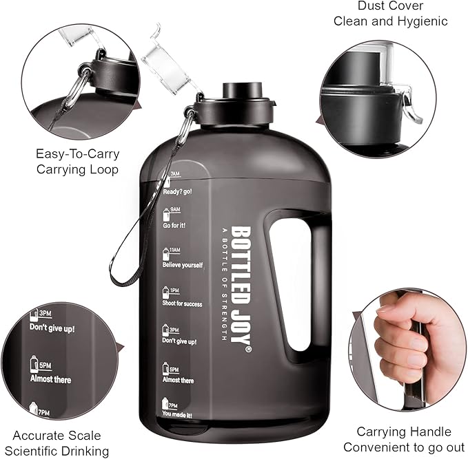 Water Bottle with Time Markings, 1 Gallon/ 3.5L Sports Water Bottle with Handle Leakproof Reusable & BPA Free, Flip Cap with Cleaning Brush Daily Water Intake Bottle Ideal for Gym Office
