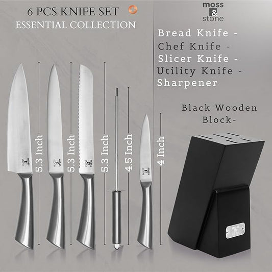 Moss & Stone Professional Kitchen Knife Chef Set, 6 Pcs Small Knife Set With Block, Premium Kitchen Knife Set Stainless Steel, Scratch Resistant & Rust Proof, Knife Block With Sharp Cooking Knives.