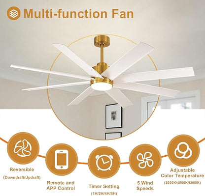 Depuley 72" Large Ceiling Fans with Lights and Remote App, Indoor Modern Ceiling Fan for Kitchen Living Room Covered Patio, 5 Speed Reversible Quiet DC Motor, 3 CCT, 8 Blades, Timer
