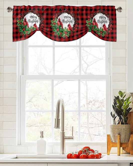 Merry Christmas Blackout Tie Up Valance Curtains for Kitchen Windows Winter Cardinal Holly Berries Window Toppers Balloon Shades for Living Room/Bathroom/Bedroom,1 Panel,60" X 18" Red Black Plaid