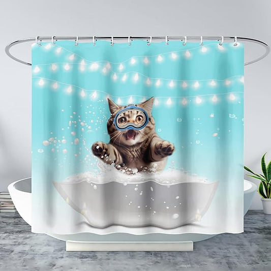 AILONEN 3D Bathtub Cat Shower Curtain for Kids 60" W*72" H Inch,Kawaii Diving Cat Leaps Out of Bathtub Shower Curtain,12 Pack Hooks Polyester Waterproof Fabric Decor for Bathroom Bathtub Panels