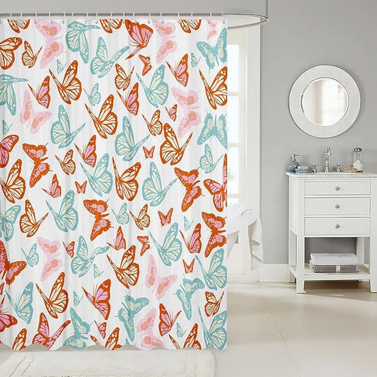 Feelyou Butterfly Bath Curtain Butterflies Print Shower Curtain Girl Butterfly Bathroom Shower Curtain Set for Kids Boys Girls Beautiful Butterfly Kids Bathroom Accessories 72"x78"