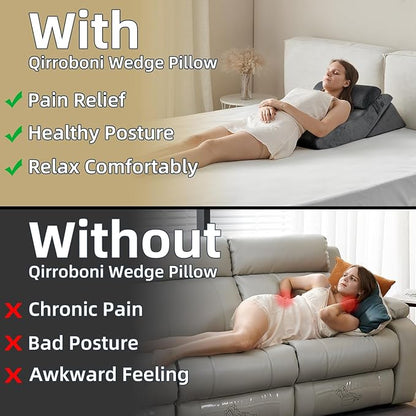 Qirroboni 3PCS Orthopedic Bed Wedge Pillow Set, Adjustable Pillows for Neck Back and Leg Pain Relief Comfortable & Post Surgery Foam- Heartburn Anti Snoring Acid Reflux & GERD Sleeping Charcoal Grey