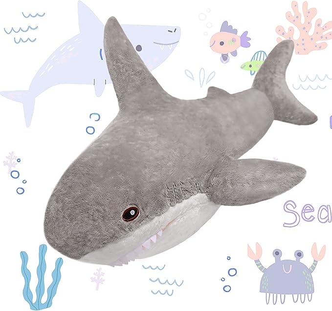 MorisMos Large Shark Stuffed Animal Cute, Giant Stuffed Shark Plush for Kids, 32in Big Stuffed Shark Toys for Birthday, Christmas, Gray