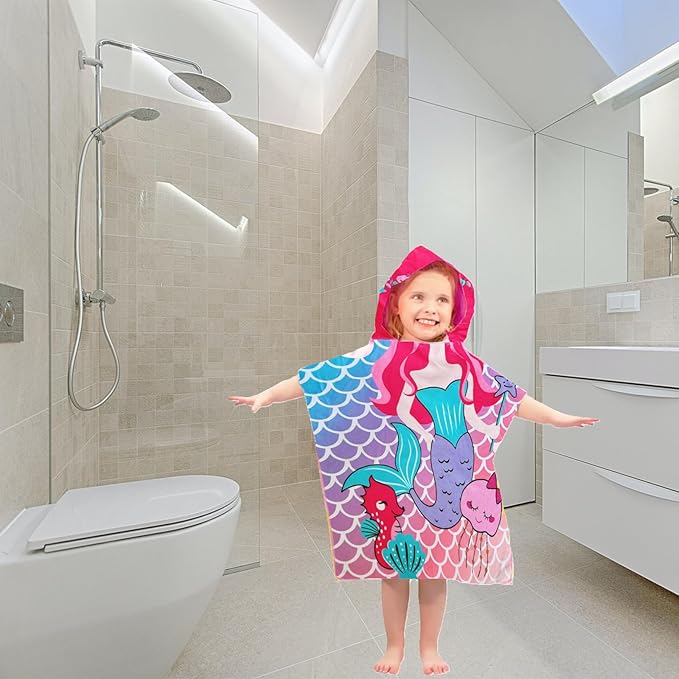 Mermaid Toddler Bath Beach Towel with Hood for Girls Ages 2-4 Years Kids Bath Towel Hooded Pool Towel Microfiber Absorbent Swim Cover Up Poncho Towel 24" x 24"