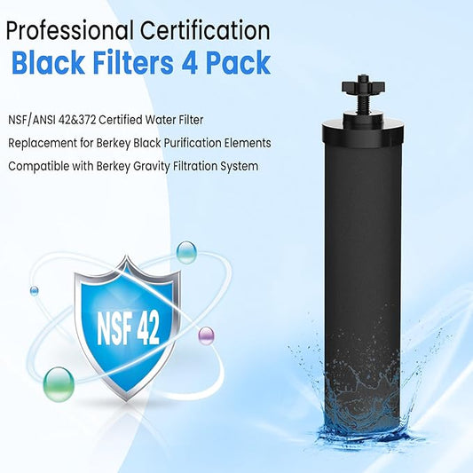Black Filters 4 Pack by NSF/ANSI 42 Certified, Replacement for BB9-2® Purification Elements Filters, Compatible with Berkey Gravity Filtration System, Replacement for Berkey Black Filters