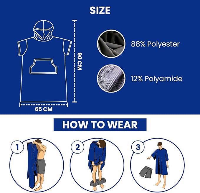 Surf Poncho for Kids with Hood, Quick Dry 80% Microfiber Polyester Changing Robe Beach Towel W/Outside Pocket - Outdoor, Surfing, Swimming, Bathing, Travelling, Camping, Pool (Royal Blue)…