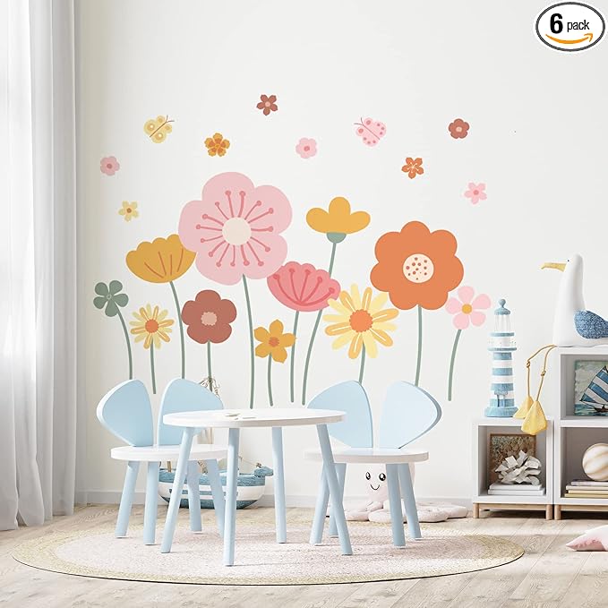 Zonon Flowers Wall Decals Vinyl Dragonflies Flowers Wall Stickers Removable Floral Wall Murals Peel and Stick Colorful Flower Wall Decor for Bedroom Living Room Nursery(Cute)