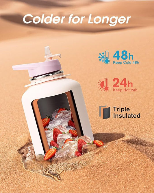 Coolflask Half Gallon Water Bottle Insulated with Straw, 64 oz Large Water Jug with Straw & Spout Lids, Double Wall Stainless Steel Metal Flask, Keep Cold 48h Hot 24h, Apricot Pink