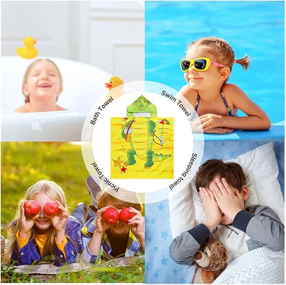 Kids Crocodile Hooded Beach Towel Boys Cute Poncho Pool Towels with Hood 24*47 in Soft Microfiber Swim Cover-ups for Kids Ages 3-10 Thick Absorbent Cotton Hooded Bath Towels Wrap Bathrobe