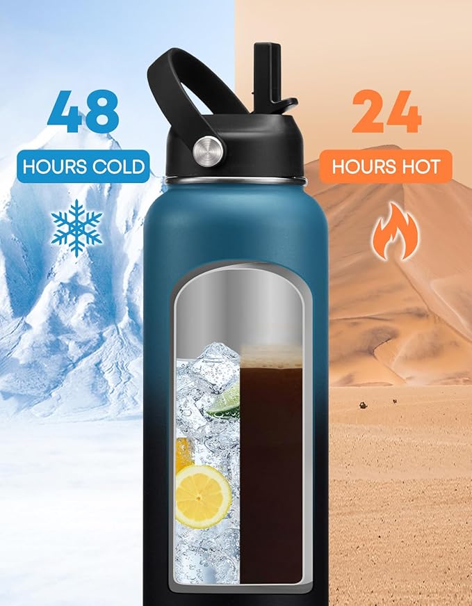 Insulated Water Bottle 40 oz - with Straw & Spout Lids, 40OZ Stainless Steel Water Flask with Paracord Handle, Storage Sleeve & Cup Boot, Leak Proof & Keep Cold-48H & Hot-12H Metal Water Jug, Purple