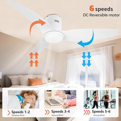 White Ceiling Fan with Light Remote 52in 6Speed Silent Reversible Motor 3CCT Dimmable LED Flush Mount Low Profile Fan Timer Memory Function Modern Plastic Blade Vacation Mode Indoor Outdoor