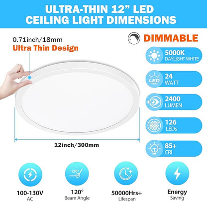SunRider 4 Pack 12 Inch LED Flush Mount Ceiling Light, 2400LM, 5000K Daylight White, 24W Dimmable Modern Slim Round Flat Ceiling Lights for Bedroom