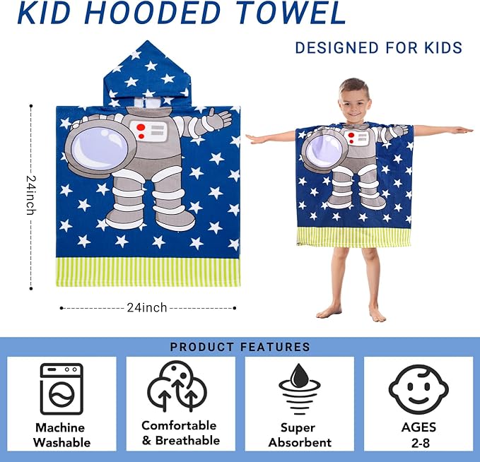 Kids Astronaut Hooded Beach Towel Boys Cute Poncho Pool Towels with Hood 24*47 in Soft Microfiber Swim Cover-ups for Kids Ages 3-10 Thick Absorbent Cotton Hooded Bath Towels Wrap Bathrobe