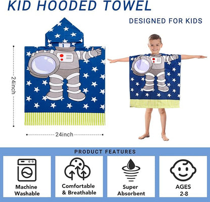 Kids Astronaut Hooded Beach Towel Boys Cute Poncho Pool Towels with Hood 24*47 in Soft Microfiber Swim Cover-ups for Kids Ages 3-10 Thick Absorbent Cotton Hooded Bath Towels Wrap Bathrobe
