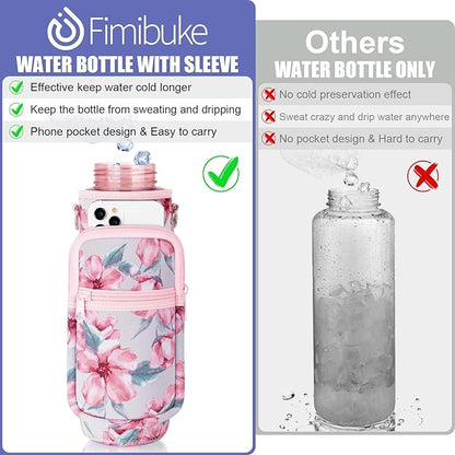Fimibuke 32 oz Water Bottle with Sleeve - BPA Free Leakproof Sport Large 1L Plastic Motivational Water Bottle with Straw Strap & Insulated Neoprene Holder Carrier Bag Great Xmas Gift for Women Men