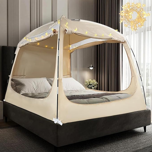 Bed Tent Bed Canopy Full Size for Adult and Kids - Portable Sleeping Tents Indoor Dream Tents 70% Blackout with String Light 3 Doors Breathable Privacy Space Tents