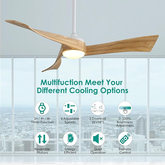 Sofucor 52" Ceiling Fans with Lights Remote Control, 3 Poles for Wave Modern Ceiling Fan with Remote, Outdoor Ceiling Fan for Patios with 6 Speeds and Dimming Lighting, Light Wood Grain
