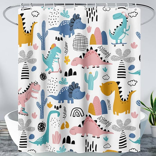 AILONEN Dinosaur Shower Curtain for Kids Boys,Cartoon Dinosaur Bath Curtain 72" W*84" H,Cactus Rainbow Dinosaur Waterproof Shower Curtain with 12 Plastic Hooks