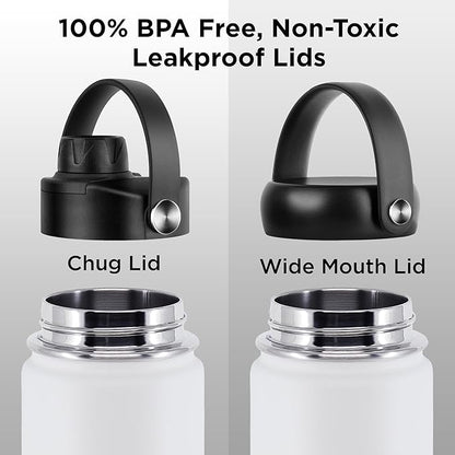 ThermoProof Hot & Cold Insulated Stainless Steel Water Bottle, Durable Leak Proof Gym Bottles for Men, Women & Kids, Double Walled Vacuum Bottles - 2 Lids (Black, 22oz)
