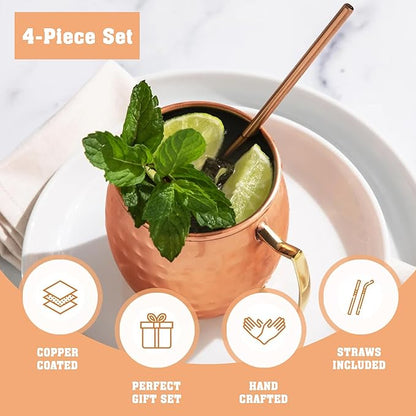 Moscow Mule Copper Mugs - Set of 4 Mug with Shot Glass 100% Handcrafted 16 oz Set with Premium Quality Cocktail Copper Straws and Jigger! - Pure Solid Mugs 4 Perfect Cocktail Mug