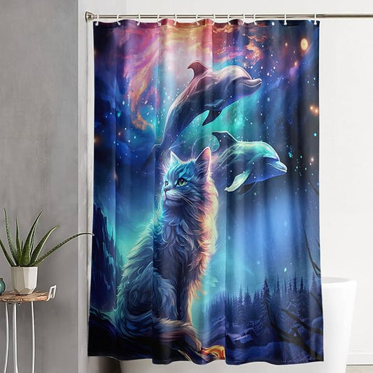 AILONEN 3D Kawaii Cat Shower Curtain Set,Cat Lovers Animal Waterproof Fabric Bath Curtain for Kids Girls,Jumping Dolphin Shower Curtain,Starry Night Shower Curtains for Bathroom Decor, 72" W*72" H