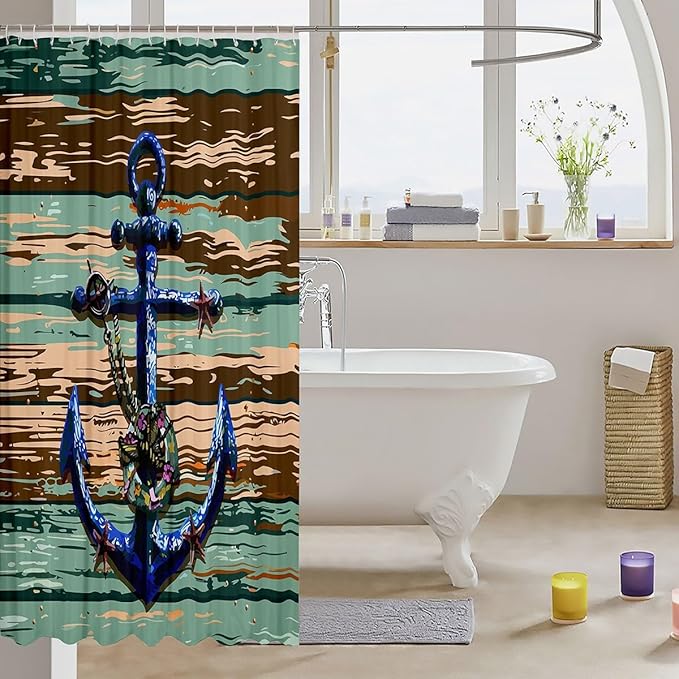 Feelyou Anchor Shower Curtain Wooden Rustic Fabric Shower Curtain for Kids Boys Girls Sea Adventure Bathroom Waterproof Accessories with 12 Hooks Ocean Theme Curtains,72x84 Inches