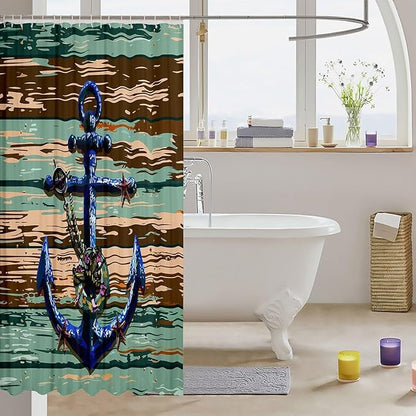 Feelyou Anchor Shower Curtain Wooden Rustic Fabric Shower Curtain for Kids Boys Girls Sea Adventure Bathroom Waterproof Accessories with 12 Hooks Ocean Theme Curtains,72x84 Inches