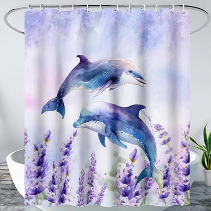 AILONEN Watercolor Dolphin Shower Curtain, Cute Dolphin Lavender Flower Bath Curtain,Modern Minimalist Purple Waterproof Fabric Shower Curtain Set with Hooks 72" W*78" H