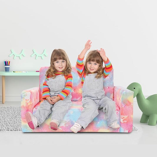 Kids Couch, Fold Out Kids Sofa Chair, Toddler Convertible Sofa to Lounger Pull Out Couch, Glow in The Dark Sofa Chair for Boys and Girls (Pink Large)