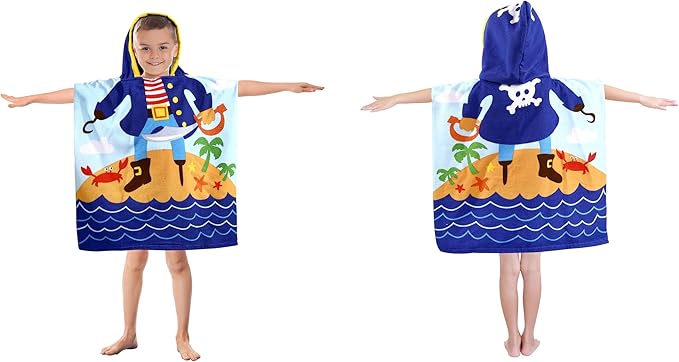 Kids Pirate Hooded Beach Towel Boys Cute Poncho Pool Towels with Hood 24*47" Cool Soft Microfiber Swim Cover-ups for Kids Ages 3-10 Thick Absorbent Cotton Hooded Bath Towels Wrap Bathrobe