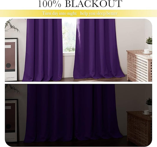 NICETOWN Room Warming 100% Blackout Curtain Panels, Same Color Liner Curtains for Kitchen Room, Noise Reducing and Cold Blocking Drapes for Windows (Set of 2, Royal Purple, 42" Wide by 63" Long)