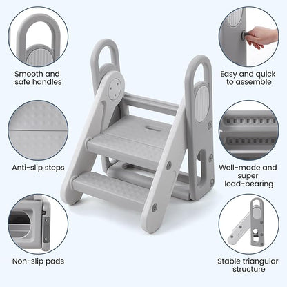 Foldable Toddler Step Stool for Bathroom Sink, Adjustable 3 Steps Ladder for Toddlers with Handles, Folding Nursery Step Stool for Kids Toilet Potty Training, Kitchen Counter Standing Helper, Grey