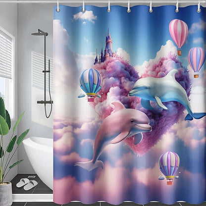 AILONEN Cute Dolphin Shower Curtain,Romantic Pink Sky Clouds Hearts Print Bath Curtain,Blue and Pink Dolphin Shower Curtain Waterproof for Bathroom Decor with 12 Plastic Hooks, 72" W*78" H
