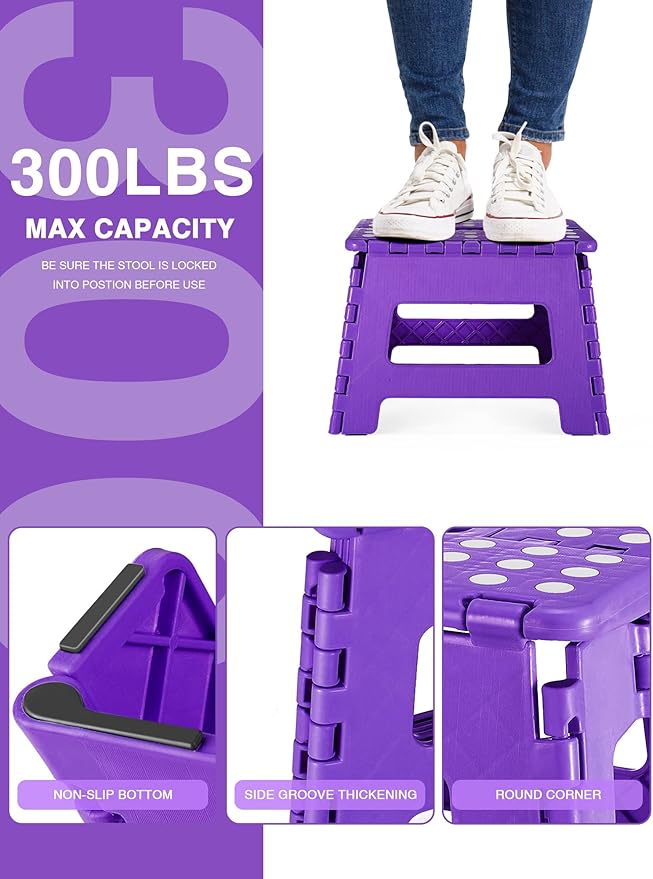 Folding Step Stool 9", Kids Step Stool, Heavy Duty Step Stools for Adults, Compact Foot Stools, Light-Weight Toddler Step Stool for Kitchen, Bathroom, Holds Up to 300 lbs (Purple)