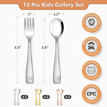 Stainless Steel Toddler Utensils Set - 12 Pieces Kids Silverware Set Children Safe Food Grade Small Forks and Spoons Dishwasher Safe Mirror Polished