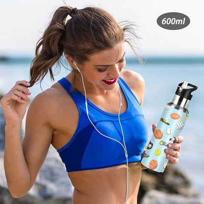 Sport balls Stainless Steel Water Bottle with Straw Lid - 20 Oz Sports Insulated Water Bottle Thermos for Sport Gym Outdoor Travel School (DZ001)